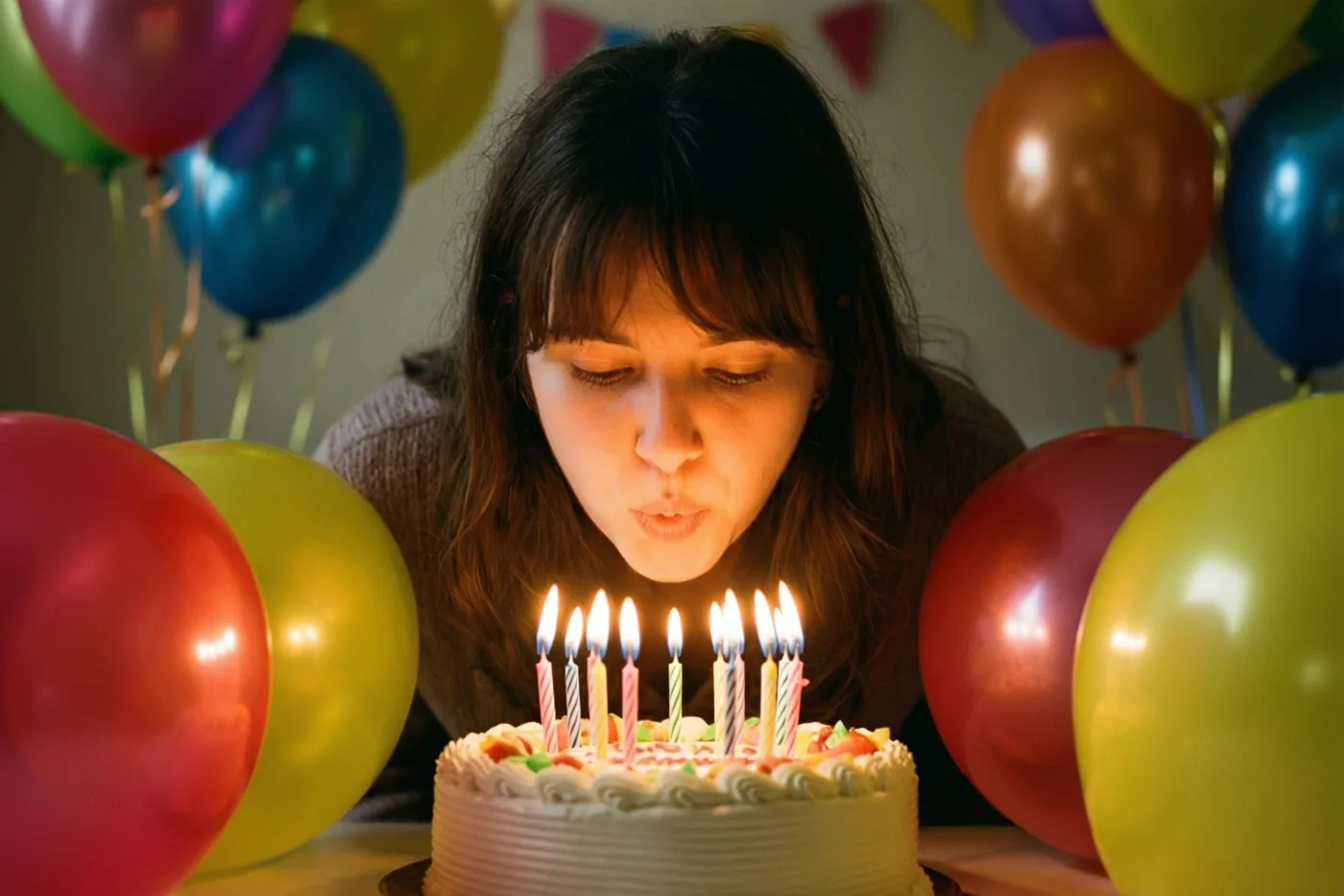 Een vrouw buigt naar een verjaardagstaart om de kaarsjes uit te blazen, omringd door kleurrijke ballonnen in warm licht met vooral rood, geel en blauw.