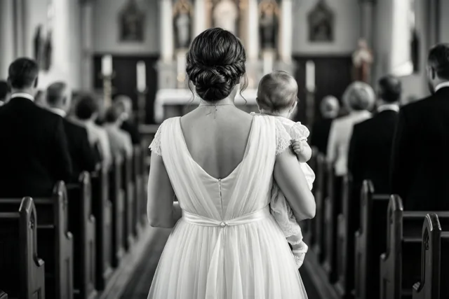 Een zwart-witfoto toont een vrouw in een witte jurk die een baby in een witte doopjurk door het gangpad van een kerk draagt.