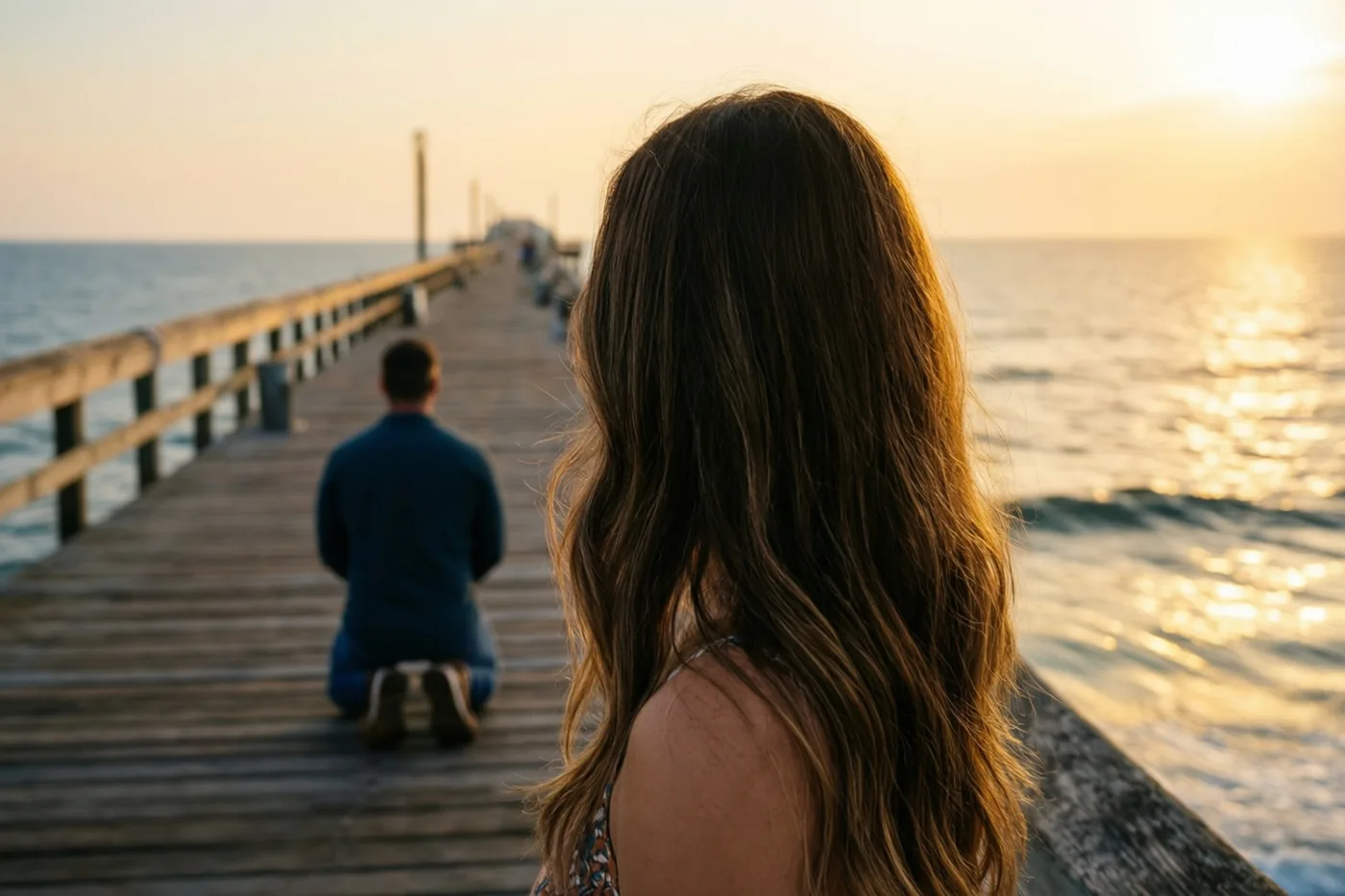Een vrouw met lang haar is van achteren te zien op een houten pier in de schemering, kijkend naar een man die verderop knielt bij de goudkleurig oplichtende zee.