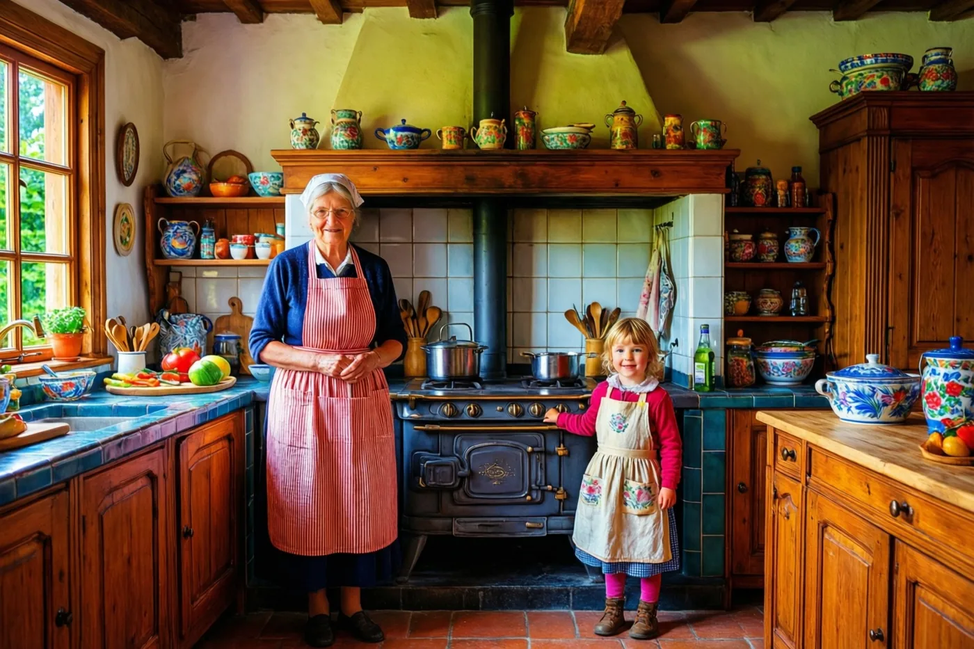 Een oudere vrouw en een jong meisje staan met schorten aan naast een grote tegelkachel in een Vlaamse hoevekeuken met houten meubels, kleurrijk keramisch servies en verse etenswaren.