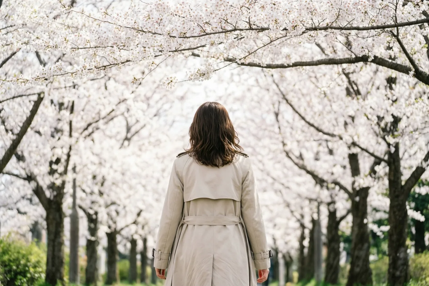 Een vrouw in een lichtbeige trenchcoat loopt met haar rug naar de kijker onder bloeiende kersenbomen in een park met zachte witte en groene tinten.