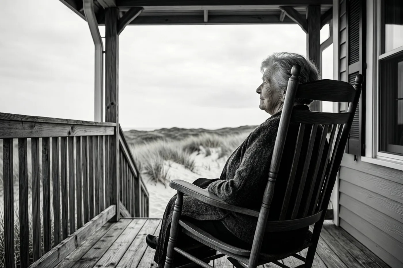 Een zwart-witfoto toont een oudere vrouw in een schommelstoel op de houten veranda van een huisje aan zee, uitkijkend over zandduinen.