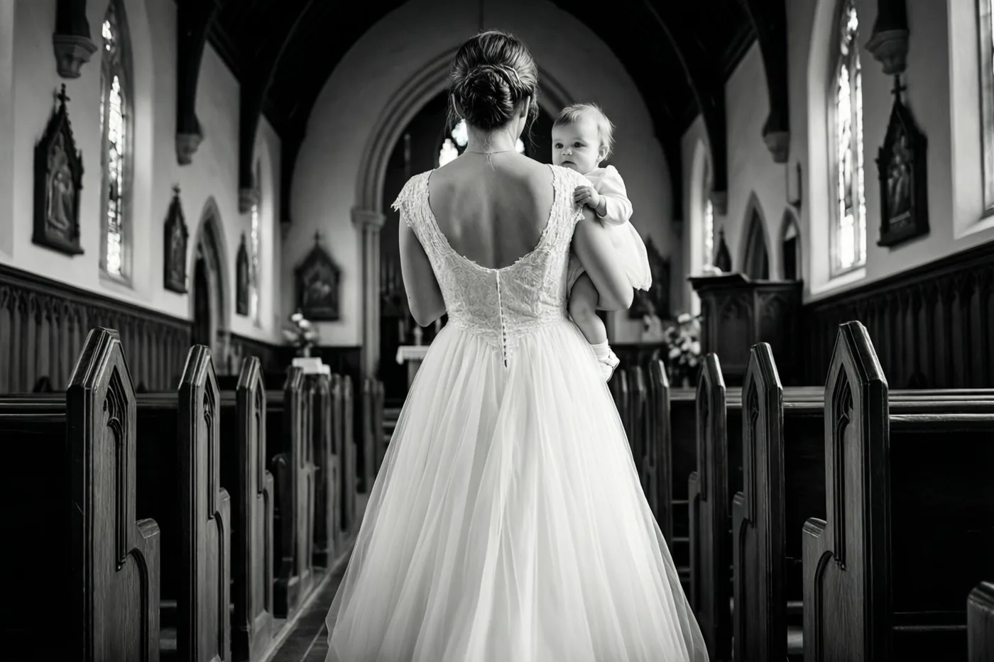Een zwart-witfoto toont een vrouw in een witte trouwjurk van achteren terwijl ze een baby in een witte doopjurk door het gangpad van een kerk draagt.