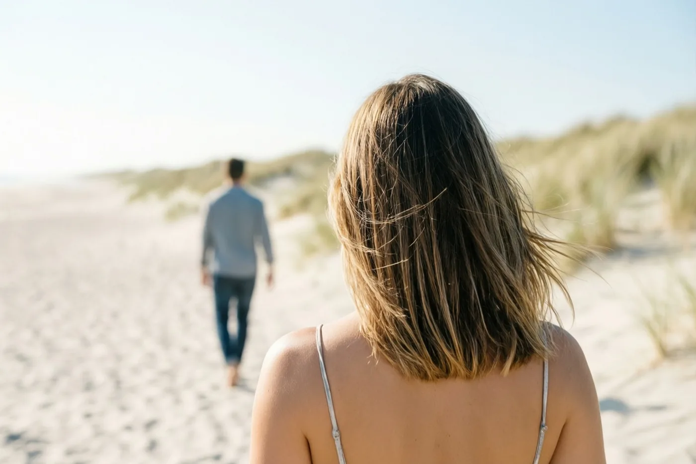 Een vrouw met schouderlang haar kijkt van op een zonnig zandstrand een man na die naar goudbruine duinen loopt onder een helderblauwe hemel.
