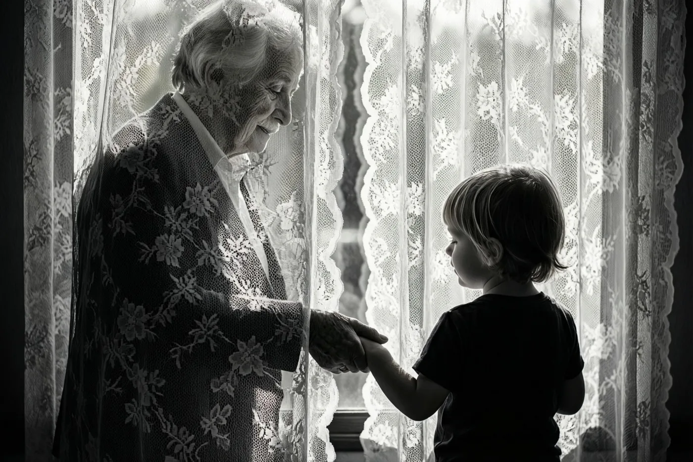 Een oudere vrouw en een klein kind houden elkaars hand vast achter een door de zon verlicht kanten gordijn op een zwart-witfoto.