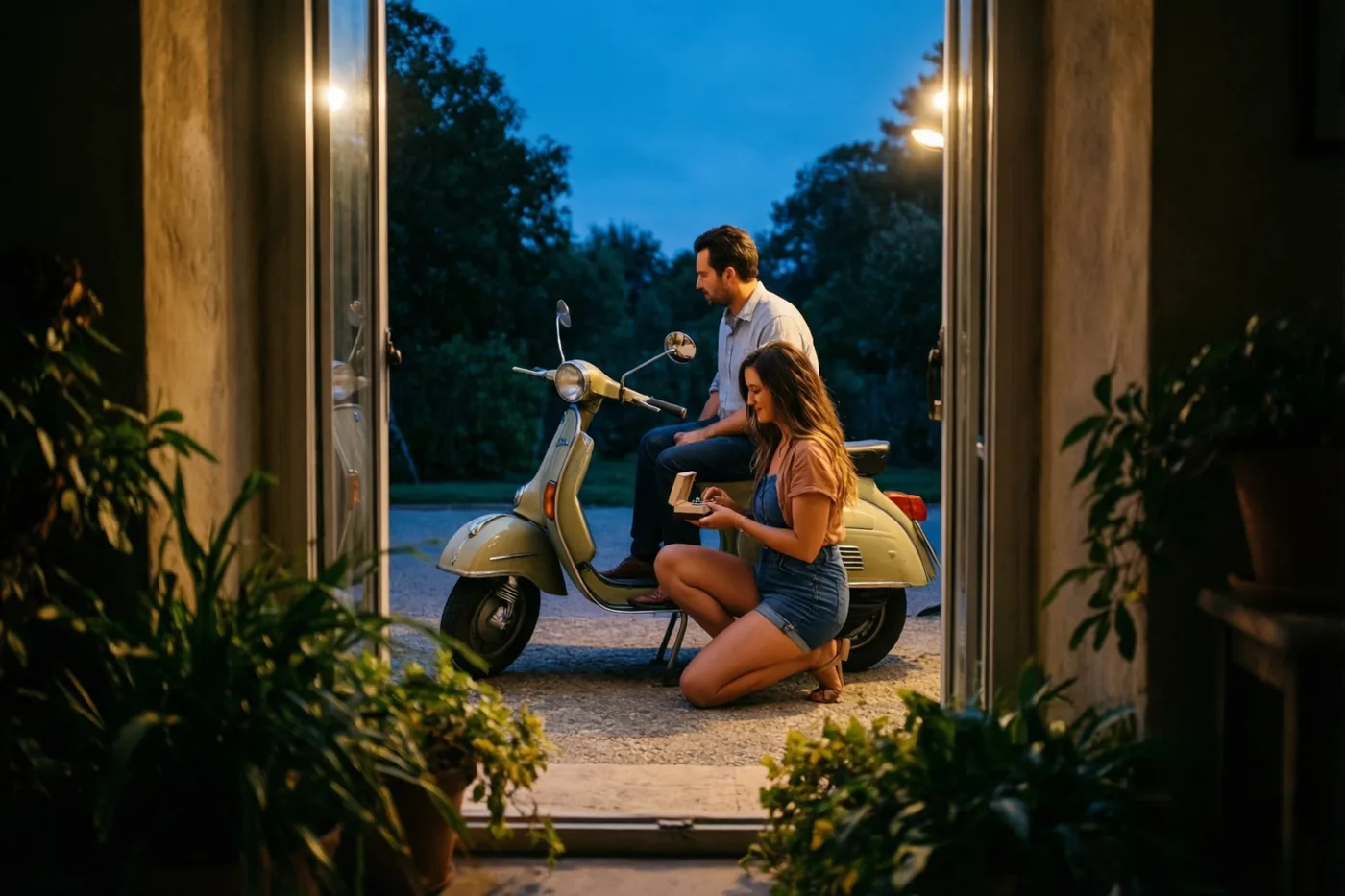 Door een open deuropening is bij schemerlicht een man op een vintage scooter te zien met een vrouw die naast hem knielt met een ringdoosje, in warm binnenlicht tegen een koelblauwe avondlucht.