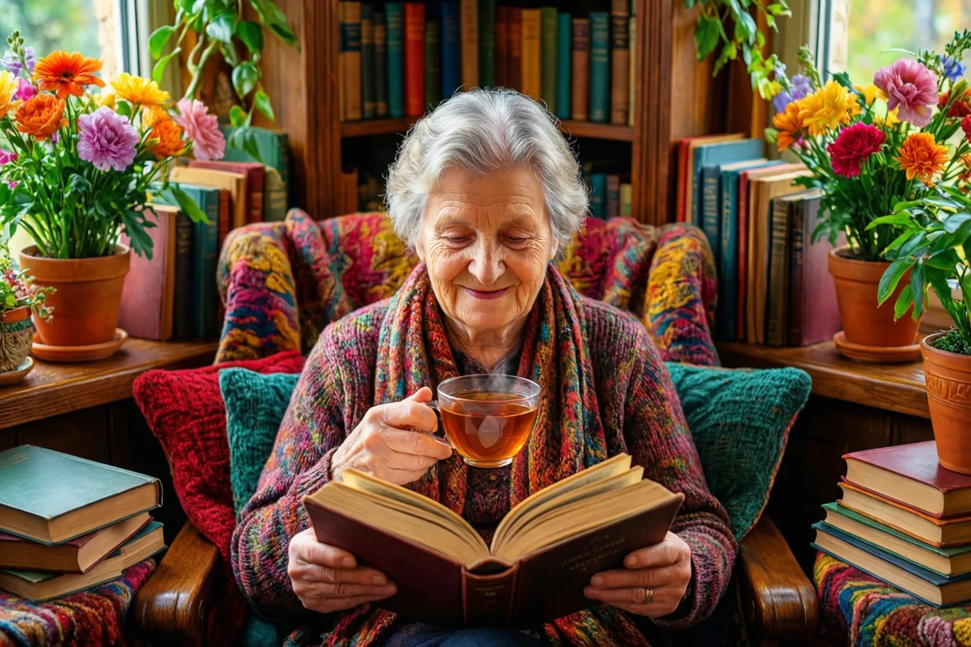 Een oudere vrouw met grijs haar zit in een gezellige zetel met een open boek en een dampende kop thee, omringd door stapels boeken en kleurrijke bloemen in potten.