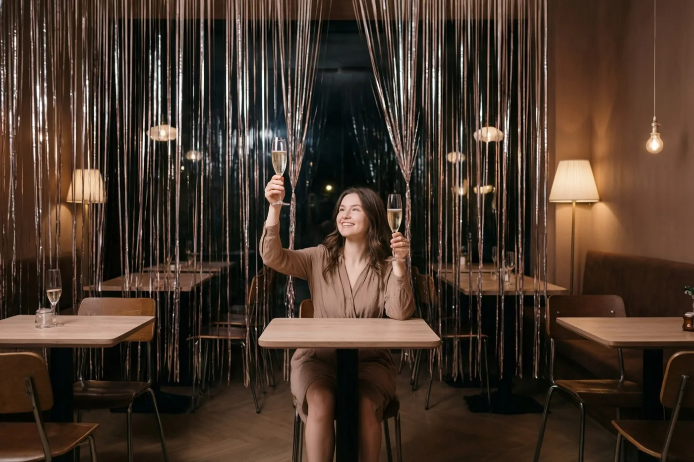 Een vrouw zit aan een houten tafel in een gedempt verlicht café en heft twee champagneglazen onder glanzende metalen slingers.