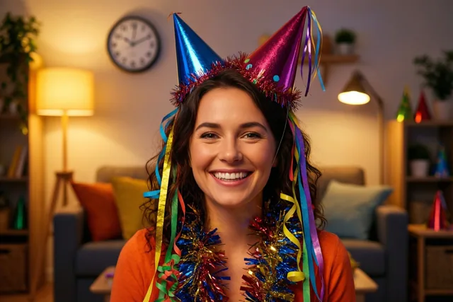 Een glimlachende vrouw met een kleurrijk feesthoedje en een glinsterende slinger staat in een warm verlichte woonkamer.