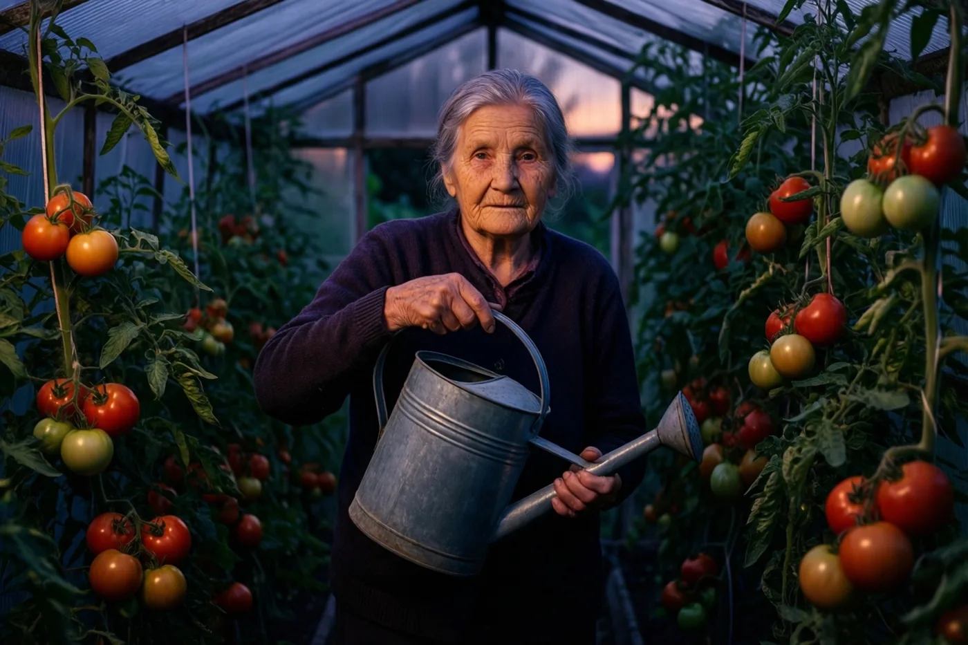 Een oudere vrouw met grijs haar houdt een blikken gieter vast in een serre vol tomatenplanten met rode en groene vruchten, met zacht, warm licht van de ondergaande zon door het dak.