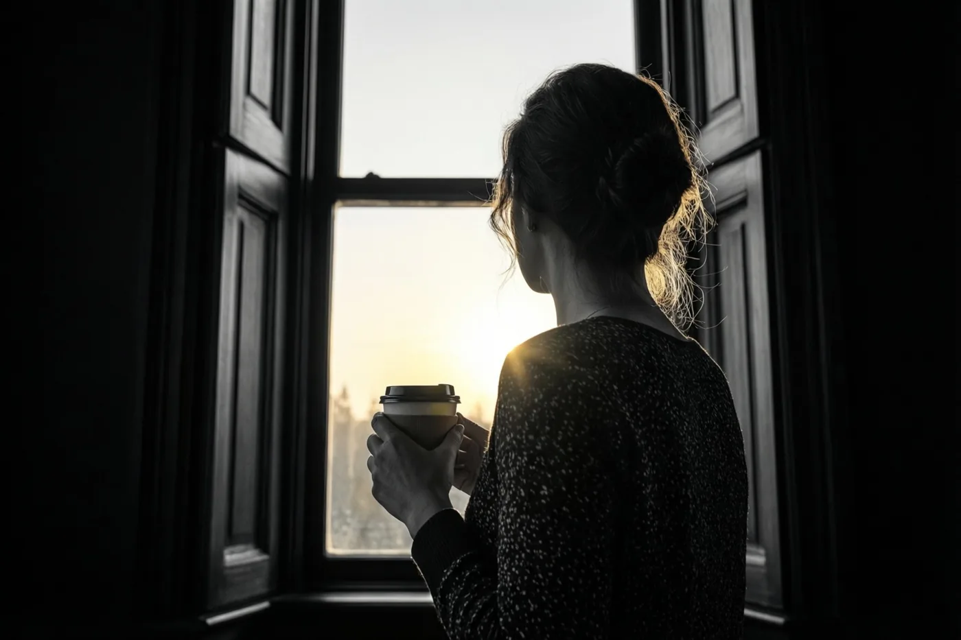 Een vrouw staat met haar rug naar de kijker en een koffiekopje in haar hand bij een hoog raam tijdens zonsopgang, in een monochroom beeld met warm tegenlicht.