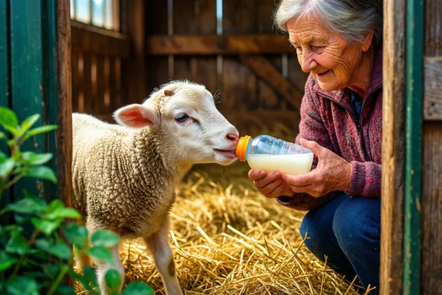 Oma en haar kleine lammetje