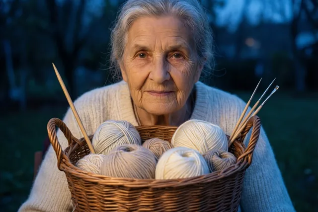 Een oudere vrouw met grijs haar en een crèmekleurige trui houdt buiten een rieten mand met wol en breinaalden vast in zwak blauwachtig licht.