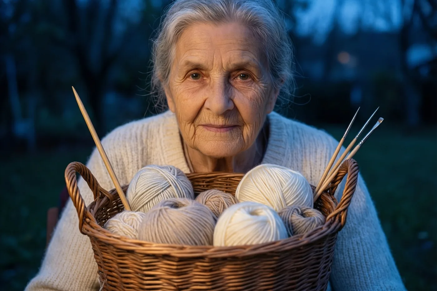 Een oudere vrouw met grijs haar en een crèmekleurige trui houdt buiten een rieten mand met wol en breinaalden vast in zwak blauwachtig licht.