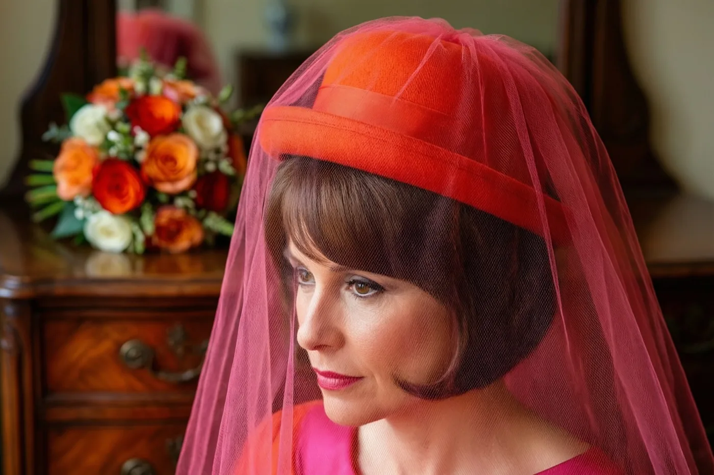 Een vrouw met een kort bobkapsel draagt een rood hoedje met een bijpassende sluier en kijkt opzij, bij een houten ladekast met een bruidsboeket op de achtergrond.
