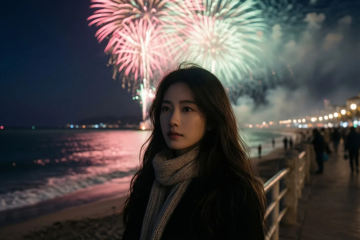 Een jonge vrouw met lang donker haar en een sjaal kijkt naar de camera op een nachtelijke zeepromenade, met vuurwerk boven het water en stadslichten in de verte.