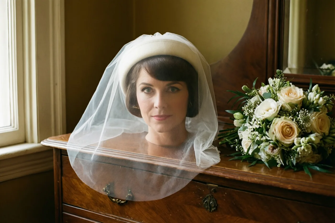 Een vrouw met een hoedje en sluier in jarenzestigstijl zit bij een oude houten ladekast naast een bruidsboeket van crèmekleurige en witte rozen, in warm raamlicht.