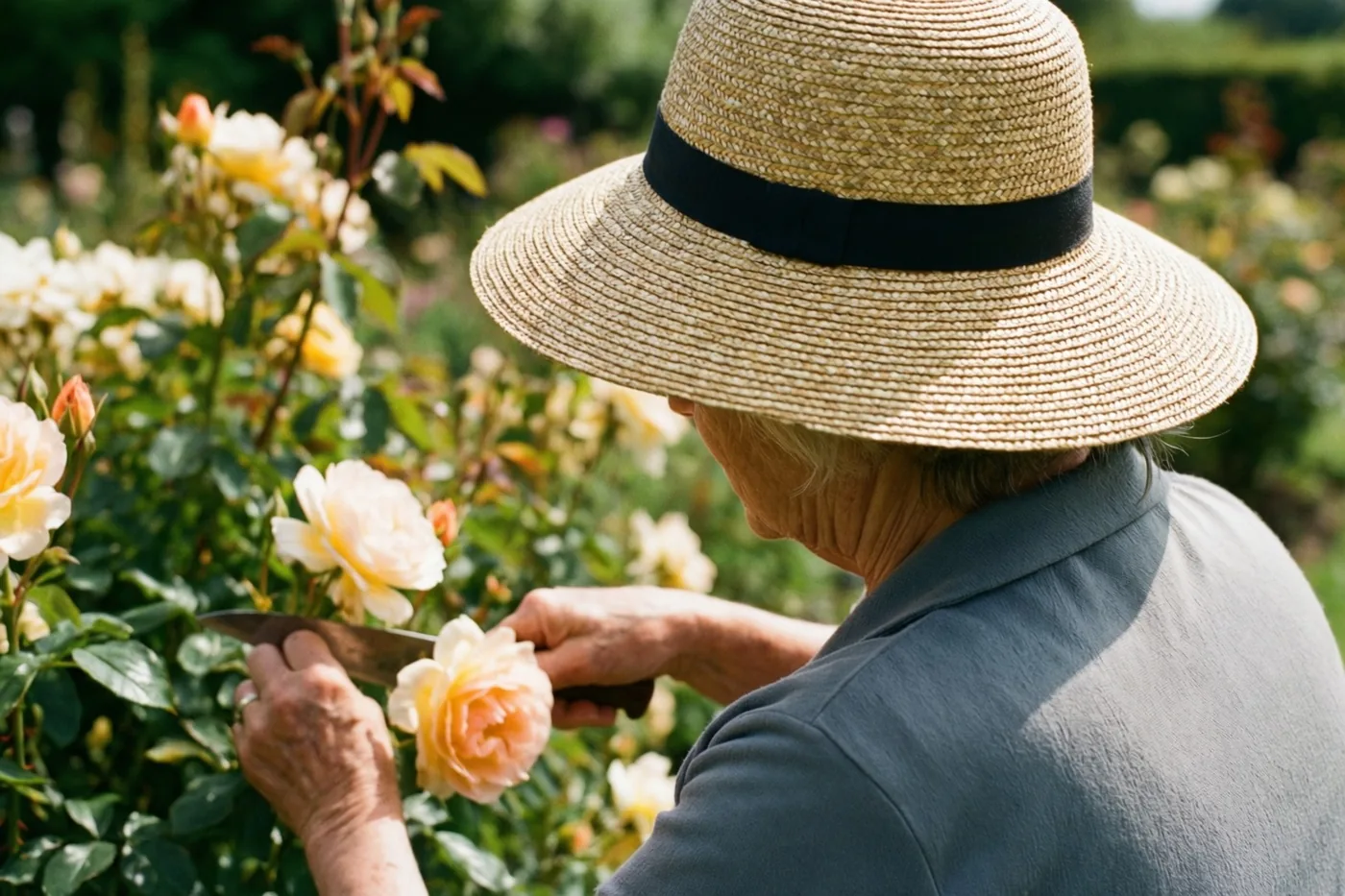 Een oudere vrouw met een strohoed knipt voorzichtig een roos in een groene tuin, van achteren gezien in warm zonlicht.