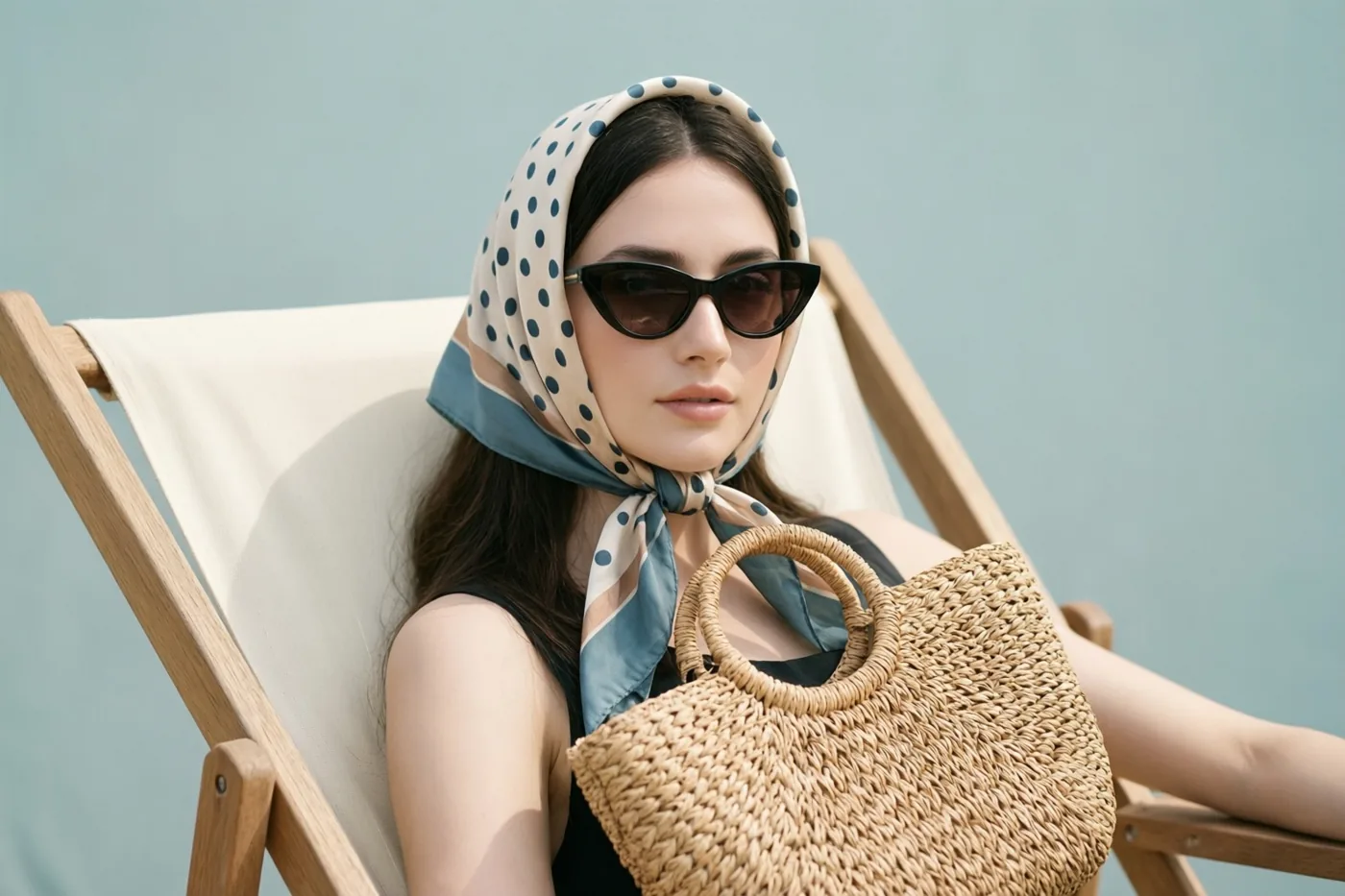 Een vrouw met een cat-eye-zonnebril en een hoofddoek met stippen zit op een houten ligstoel met een vintage strotas in haar handen, tegen een effen lichtblauwe achtergrond.