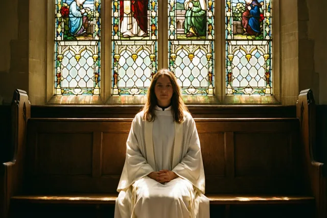 Een jonge vrouw in witte religieuze gewaden zit midden op een houten kerkbank, met zonlicht door kleurrijke glasramen achter haar.