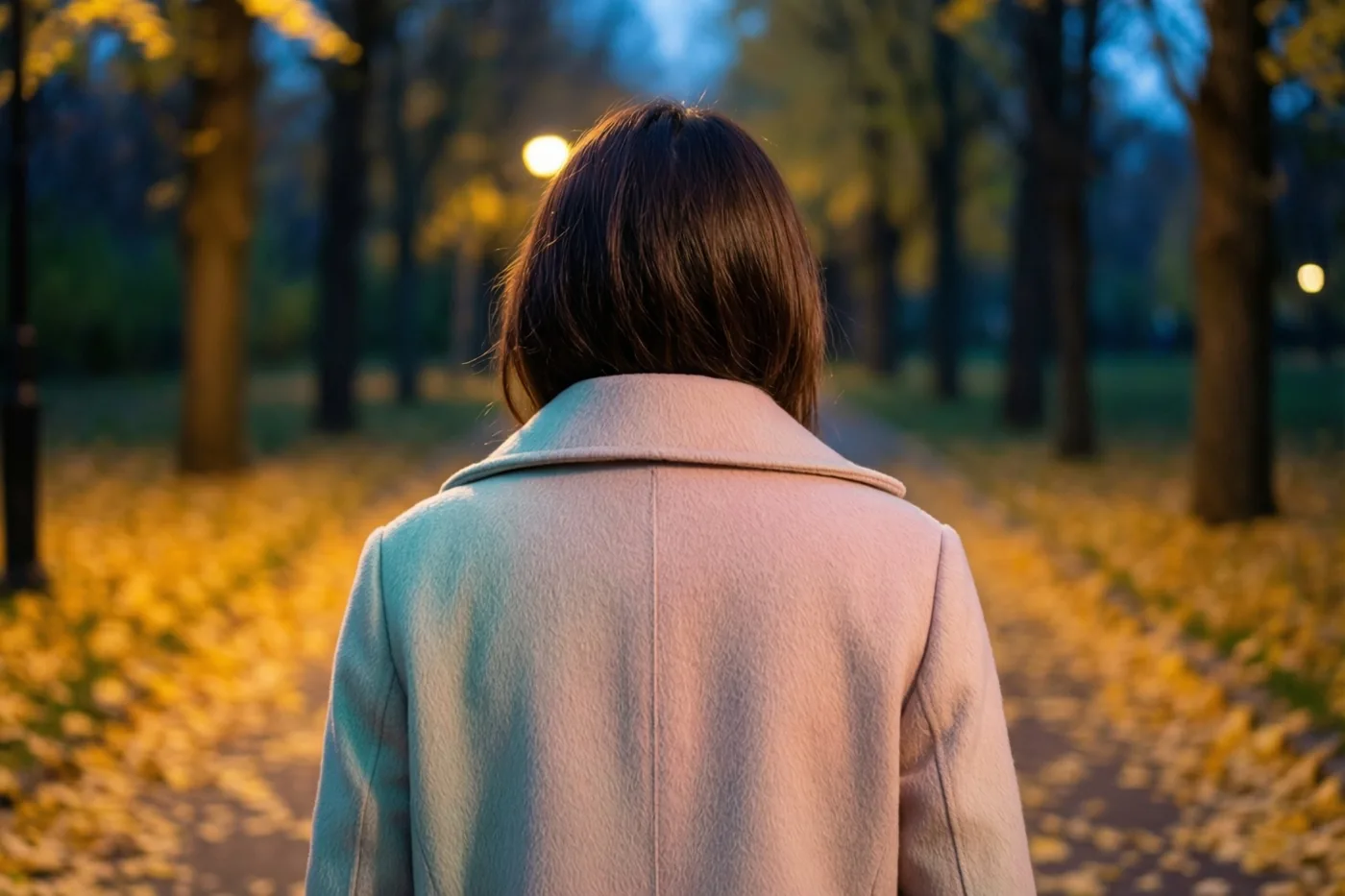 Een vrouw met kort donker haar en een lichte mantel loopt, van achteren gezien, over een parkpad met gouden herfstbladeren bij schemering, met bomen en warme straatverlichting op de achtergrond.