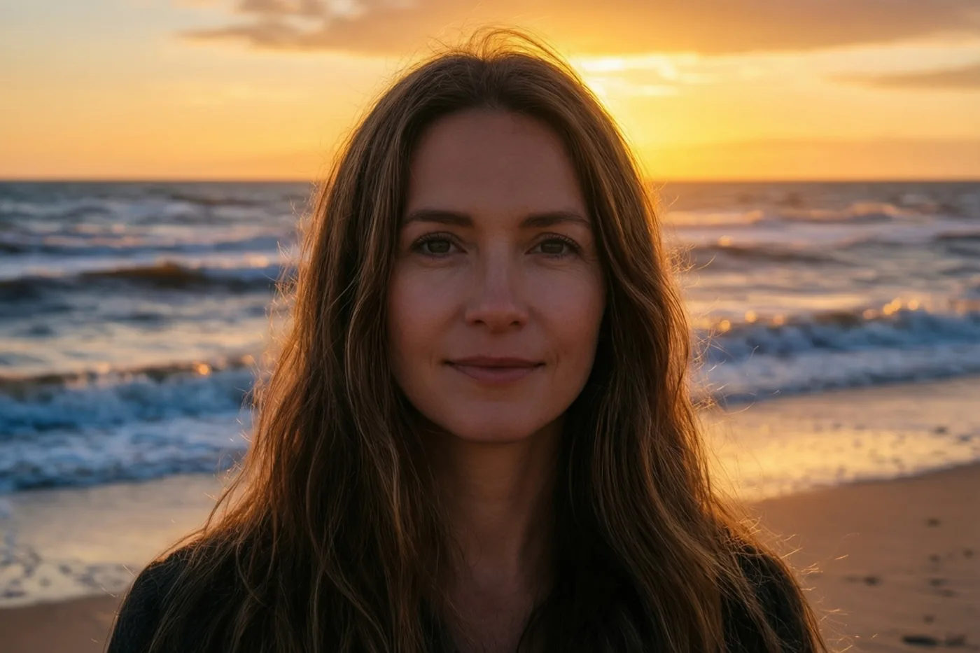 Een vrouw met lang bruin haar staat naar de camera gericht op een zandstrand, met zachte golven achter haar en een oranjegele zonsondergang boven zee.