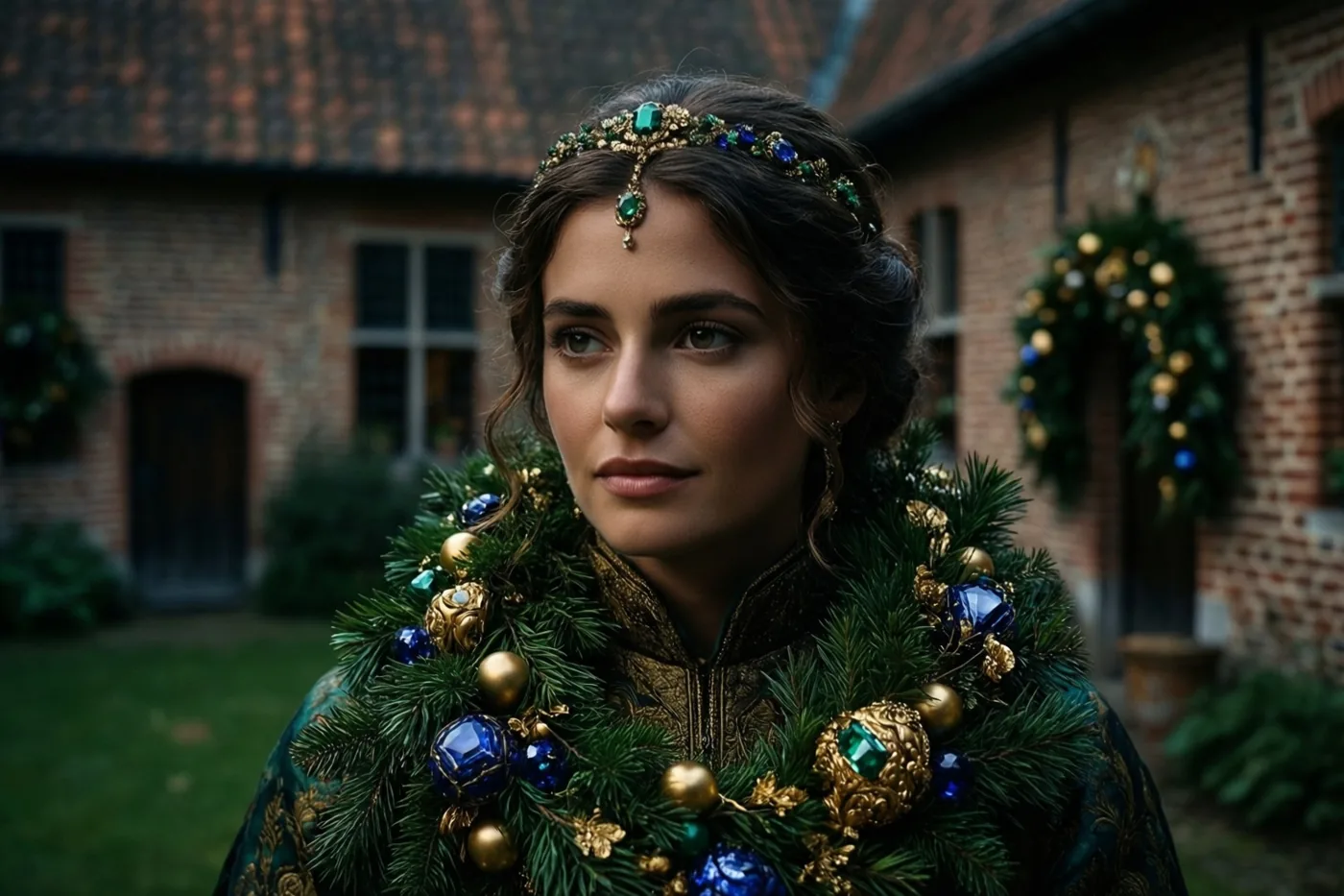 Een vrouw in rijkversierde kleding staat op een bakstenen binnenkoer met groen en feestelijke slingers met blauwe en gouden versieringen.