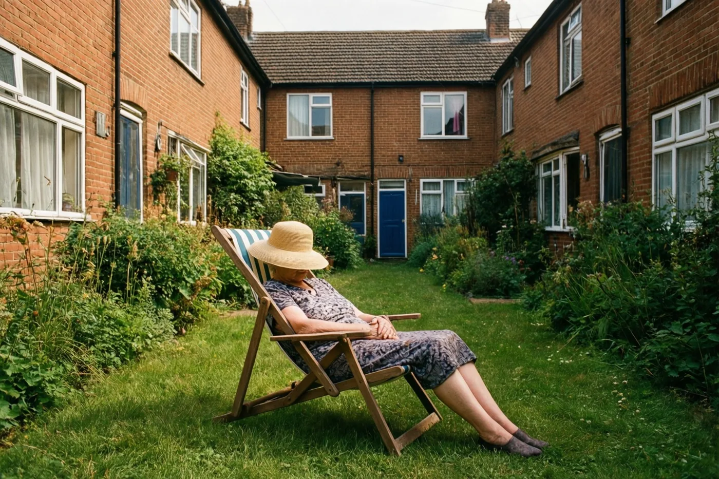 Een oudere vrouw met een strohoed dommelt in een houten ligstoel op het gras van een kleine achtertuin, omringd door bakstenen rijhuizen en groen.
