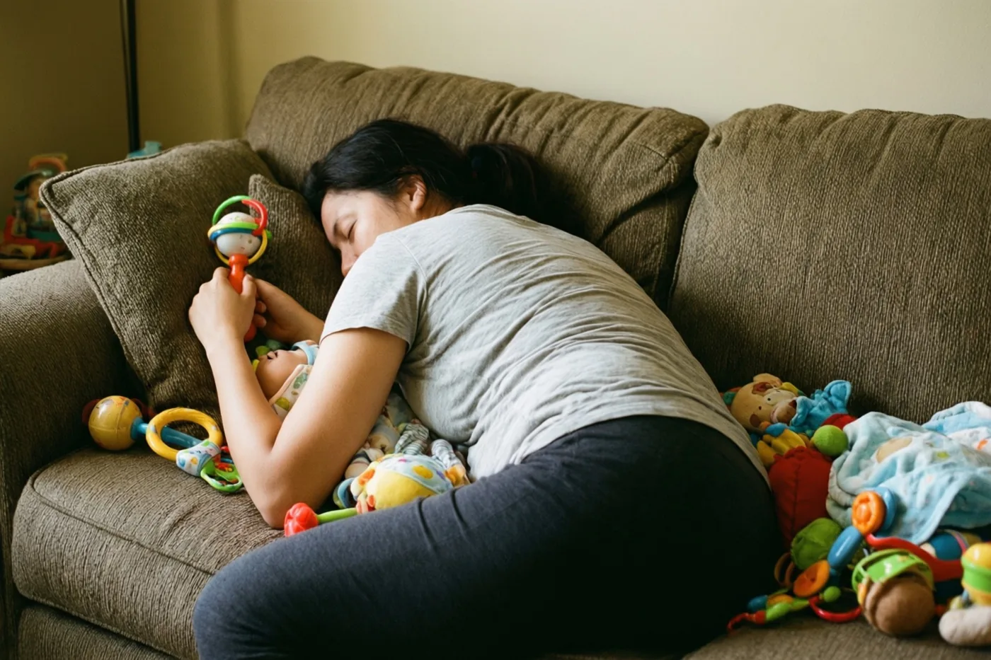 Een vrouw slaapt op een bruine zetel met een rammelaar in haar hand, omringd door kleurrijk babyspeelgoed in warm licht.