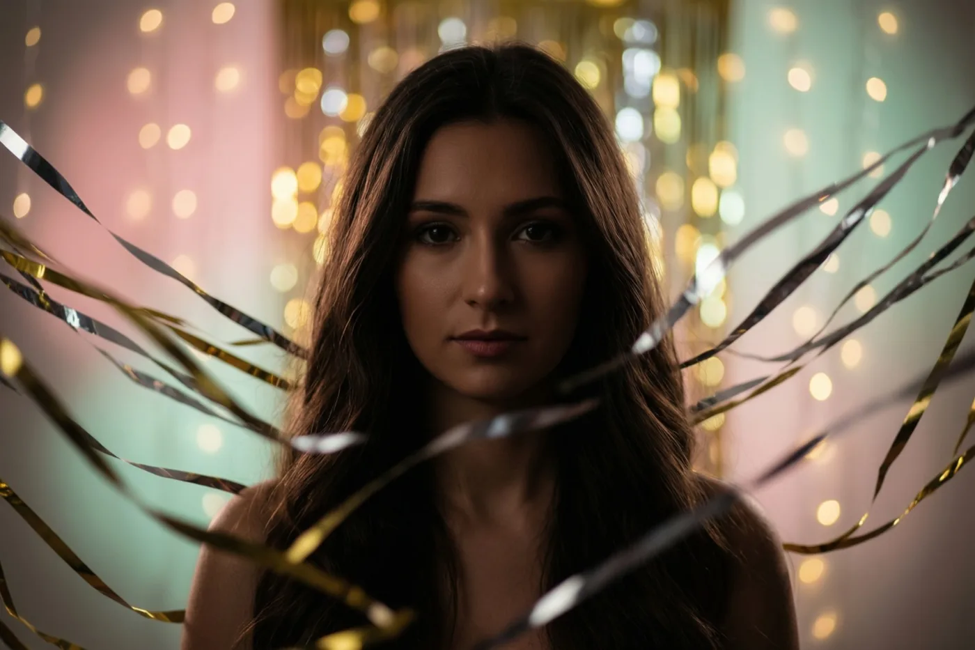 Een vrouw met lang donker haar kijkt naar de camera tussen zilveren en gouden slingers, met wazige gouden en pastelkleurige lichtjes op de achtergrond.
