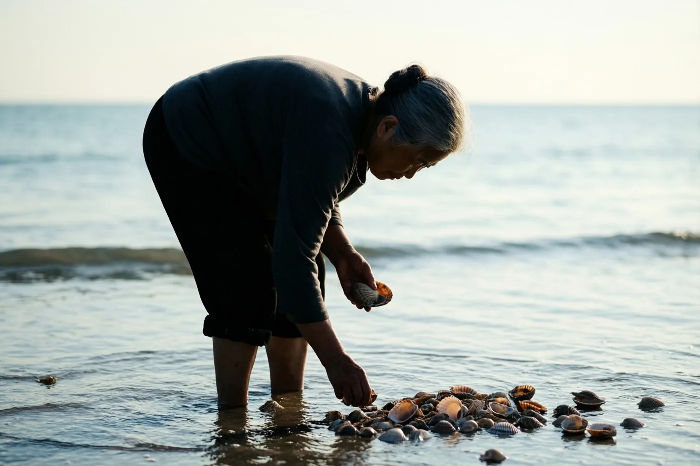 Een oudere vrouw buigt zich bij laagwater aan de waterlijn om schelpen te verzamelen, met een kalme zee in zacht licht en gedempte blauwe, grijze en beige tinten.