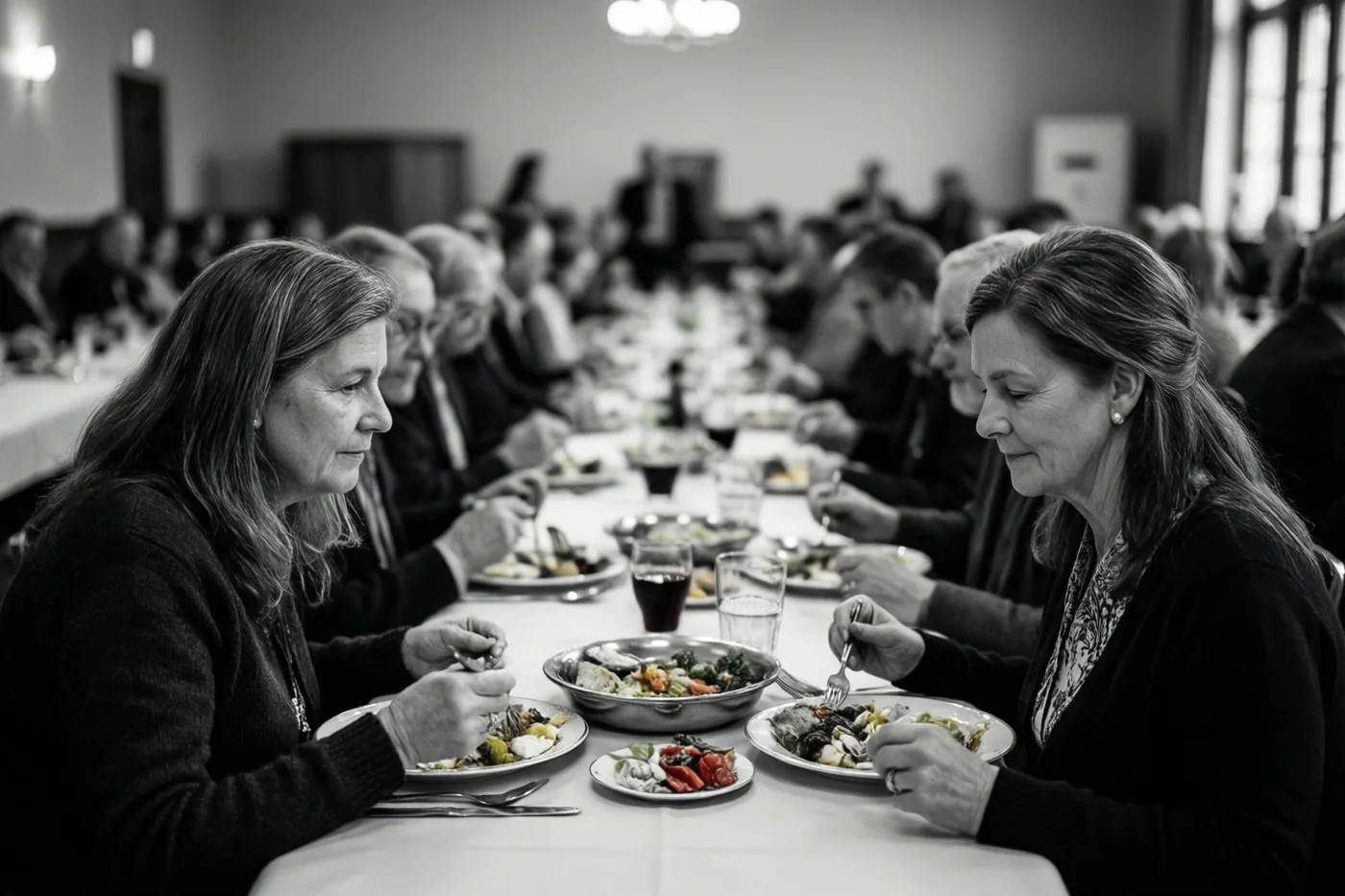 Op een zwart-witfoto eten mensen aan lange tafels in een gemeenschapszaal, met twee vrouwen scherp in beeld op de voorgrond en anderen wazig op de achtergrond.