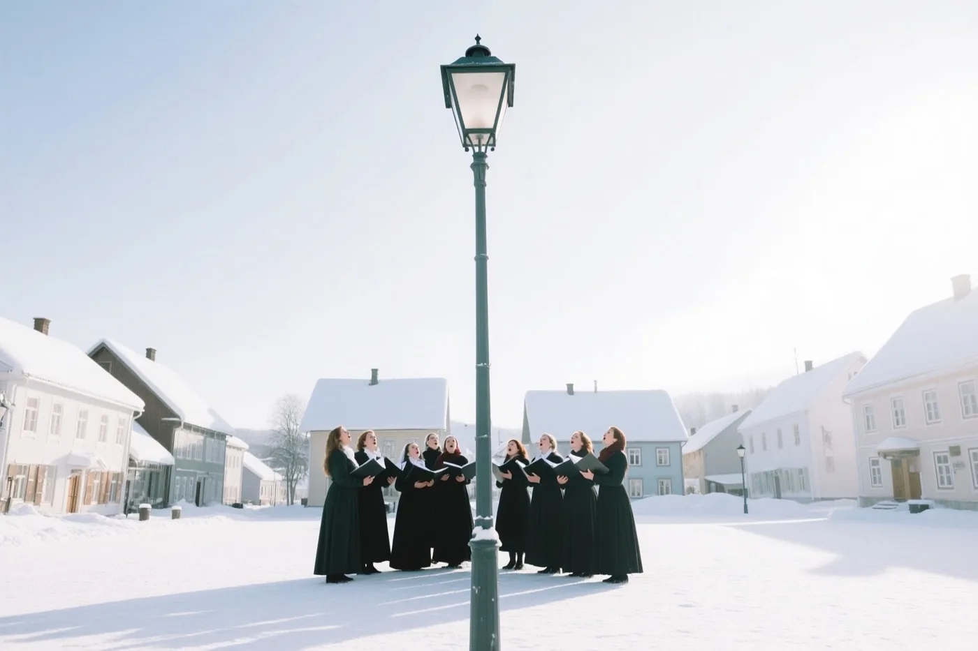 Een vrouwenkoor in zwarte gewaden zingt op een besneeuwd dorpsplein onder een hoge groene straatlamp, van onderaf gezien met besneeuwde huizen en een lichtblauwe hemel op de achtergrond.