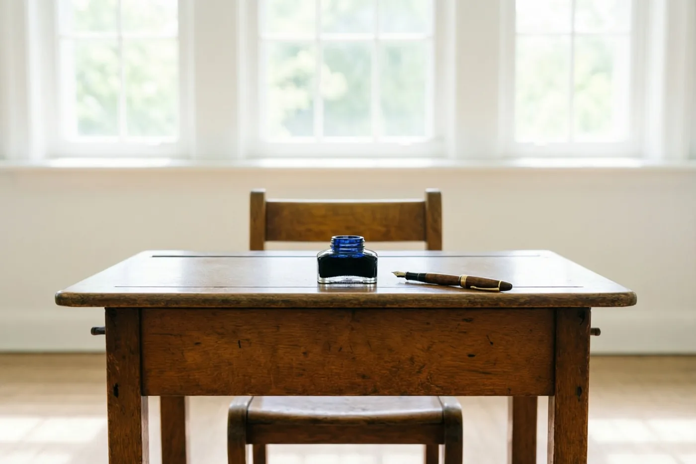 Een oude houten schoolbank met een inktpot en een vulpen staat voor een raam in zacht daglicht.