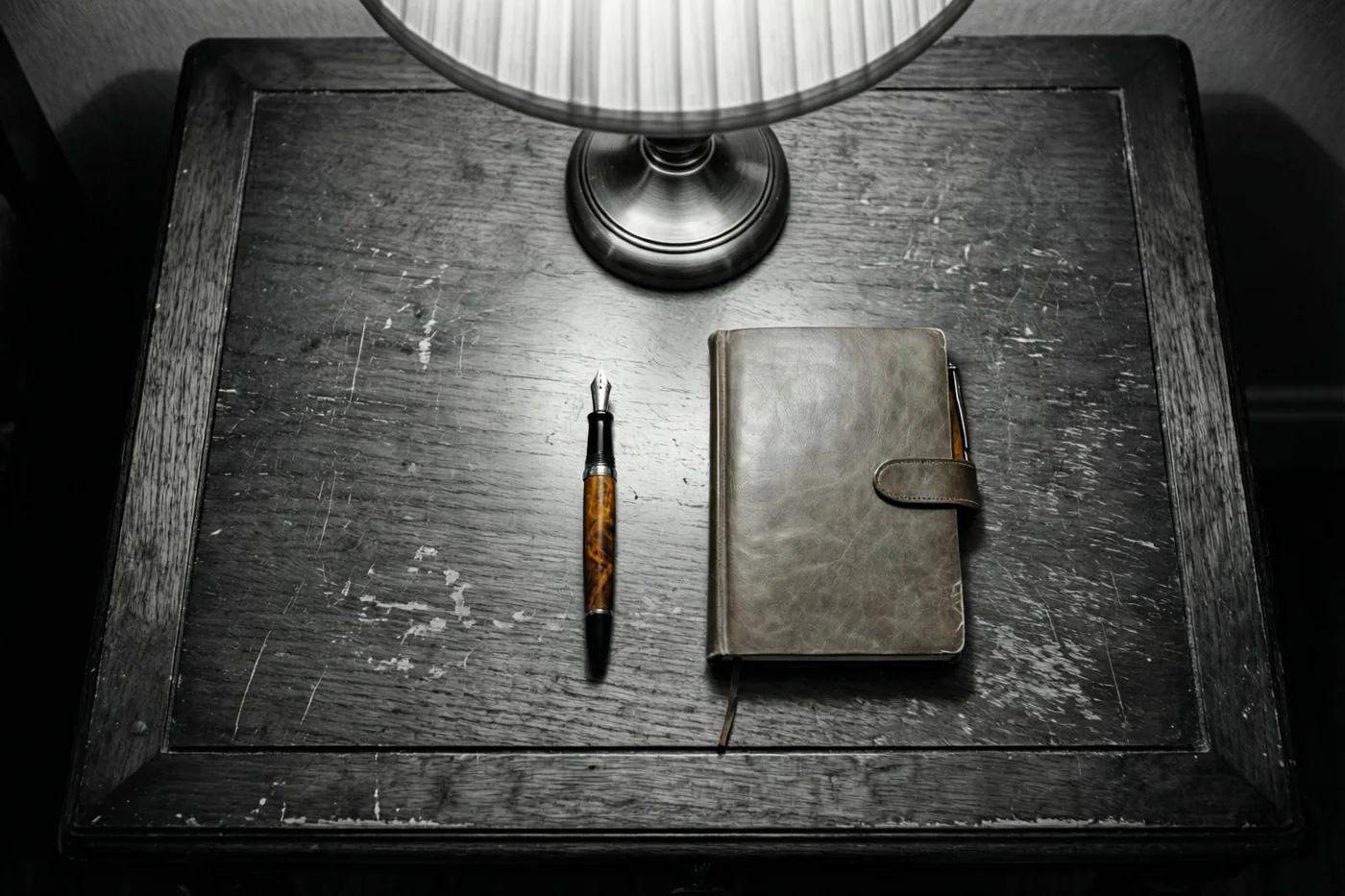 Een vulpen en een notitieboek met leren kaft liggen op een versleten houten bureau onder een lamp met een geribbelde kap.