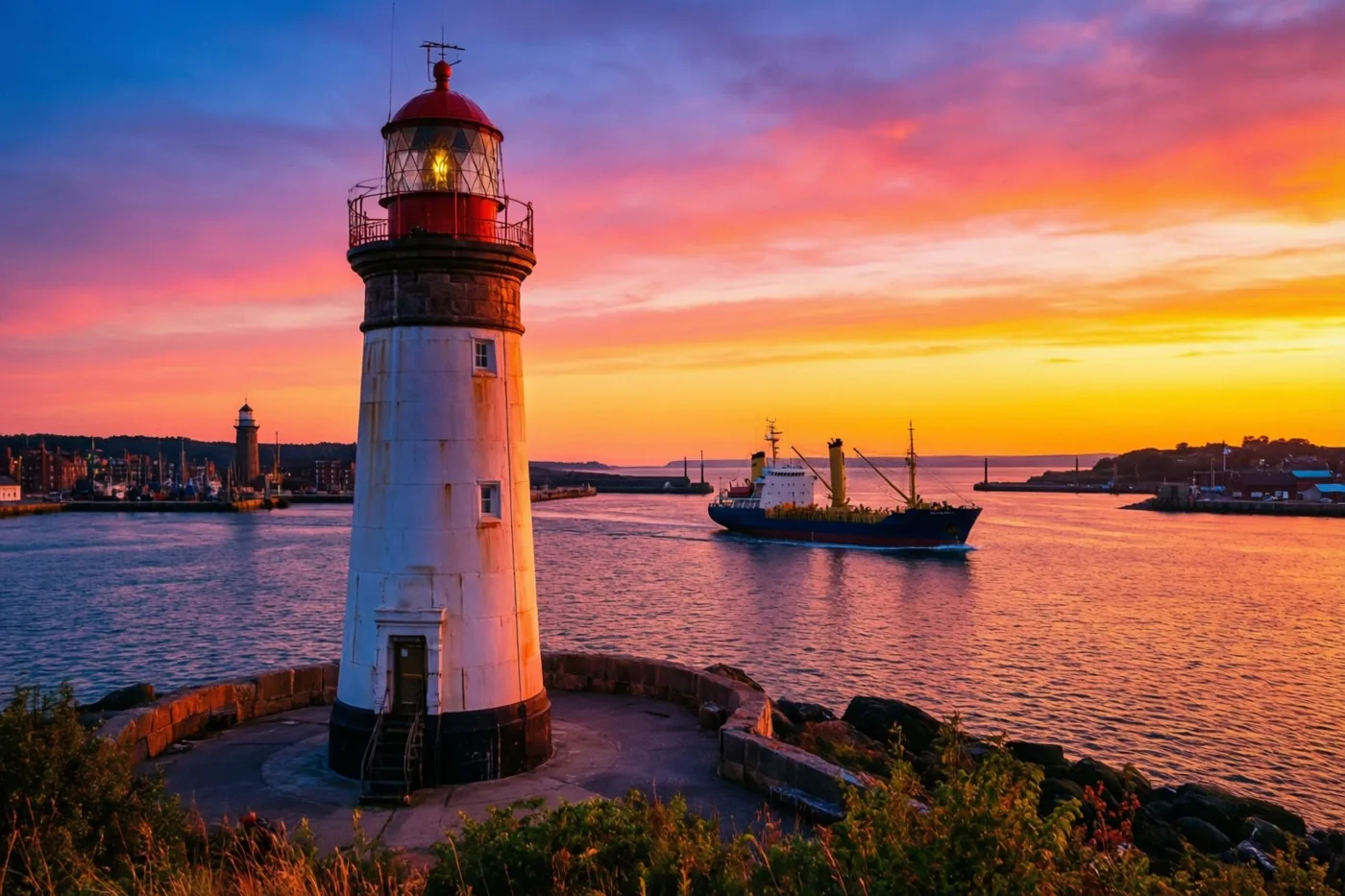 Een witte vuurtoren met een rode top brandt op een rotsachtige pier terwijl een groot schip wegvaart, met oranje, roze en paarse avondkleuren die in het water weerspiegelen.