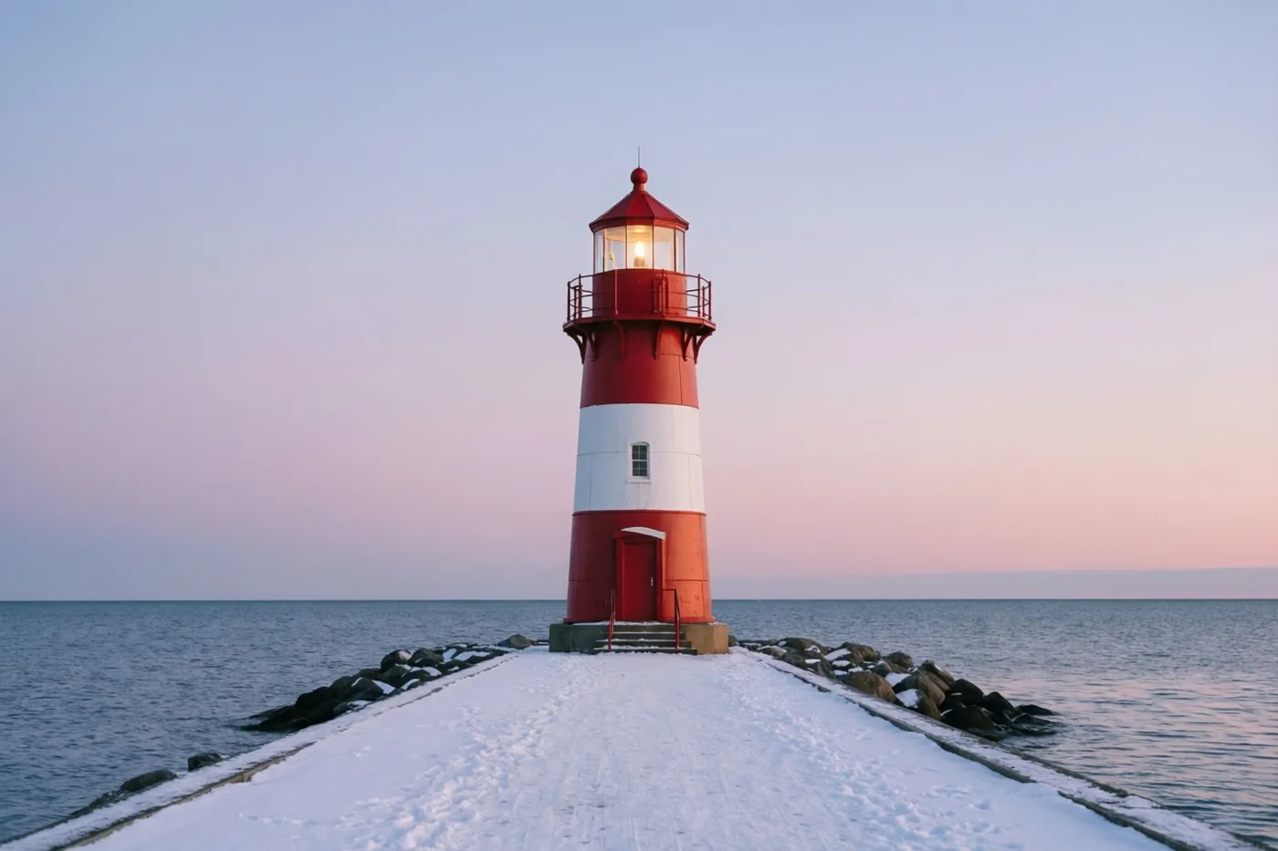 Een kleine rood-witte vuurtoren met brandend licht staat op het einde van een besneeuwde pier aan kalm water, onder een roze en blauwe schemerhemel.