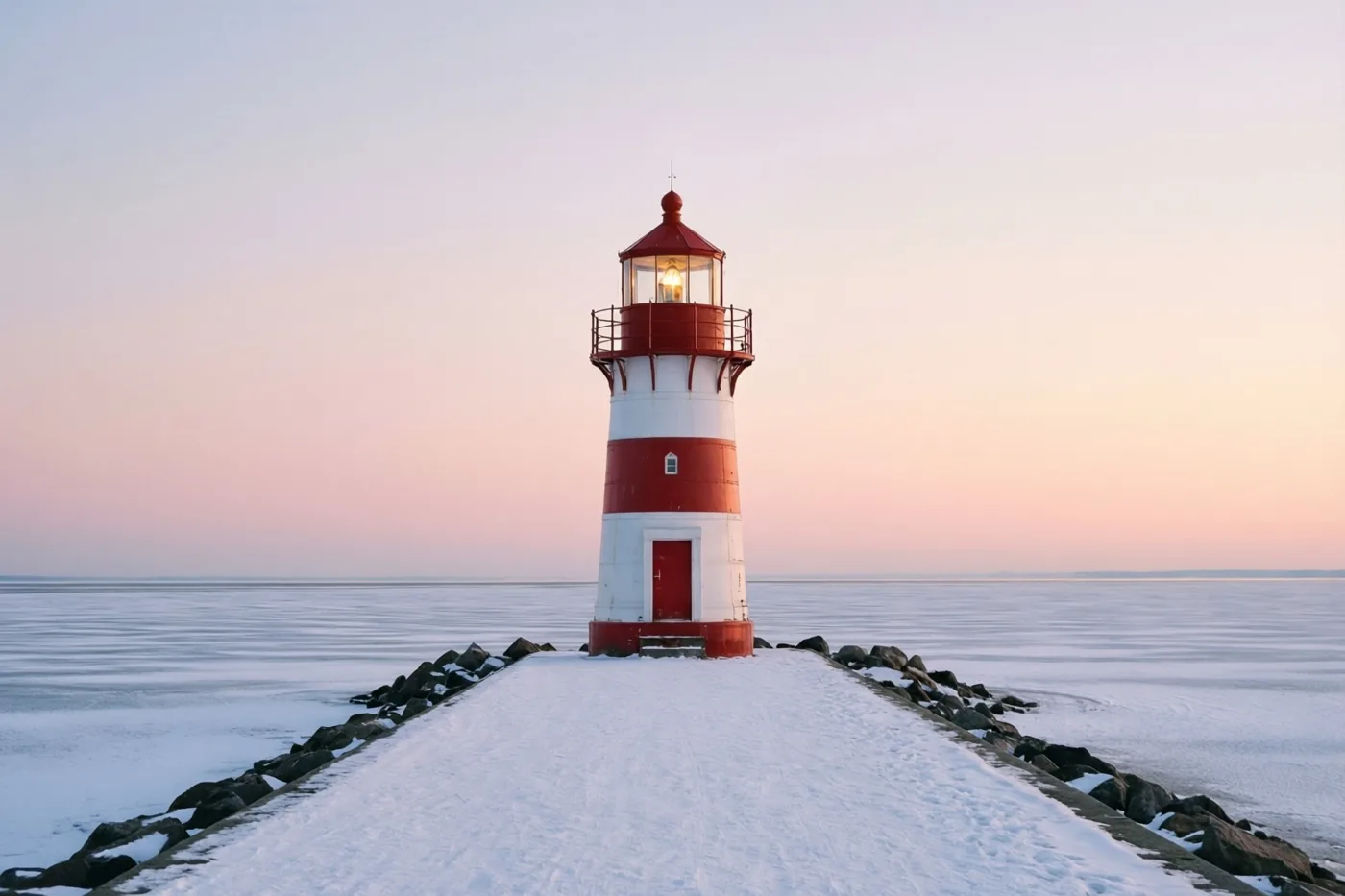 Een kleine rood-witte vuurtoren met warm brandend licht staat aan het einde van een besneeuwde pier bij een bevroren zee, onder een zachtroze en bleekblauwe schemerhemel.