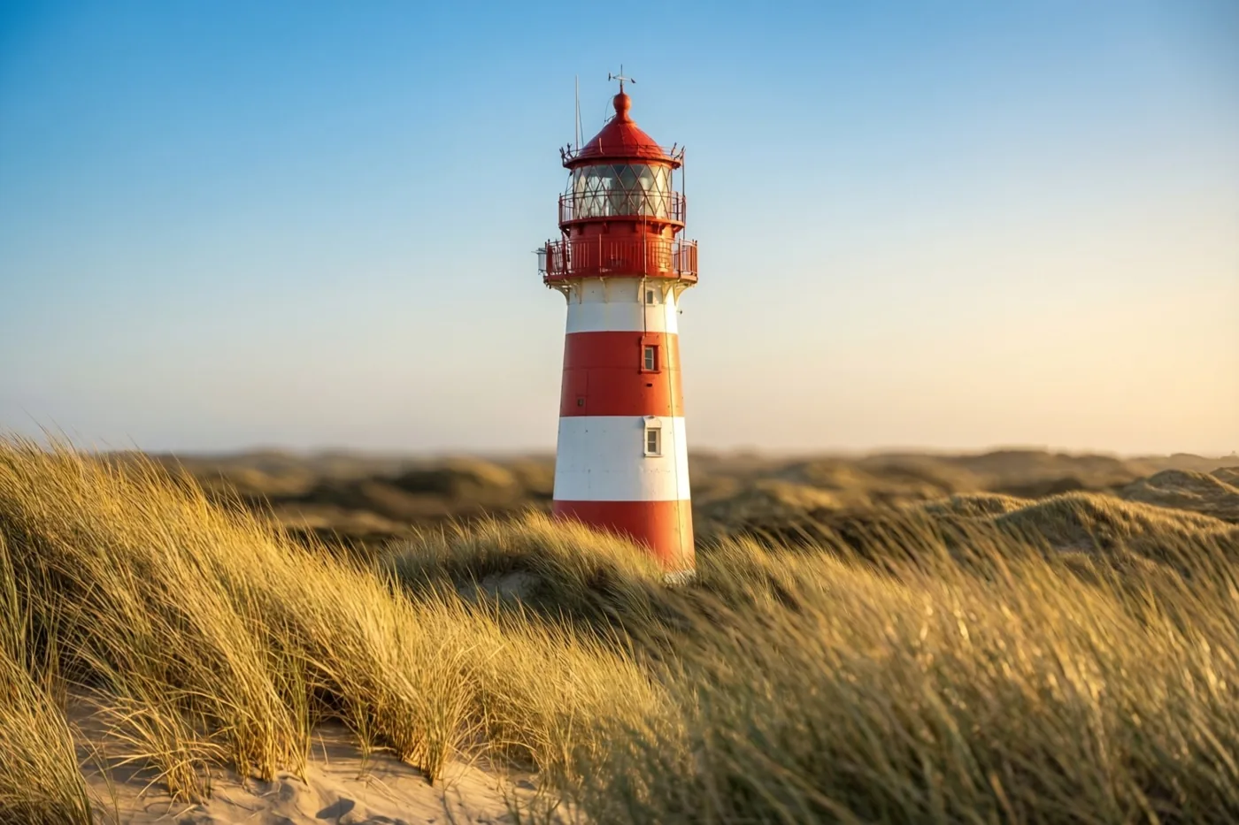 Een rood-witte vuurtoren staat op zandduinen met goudkleurig gras onder een helderblauwe hemel, in warm en zacht licht.
