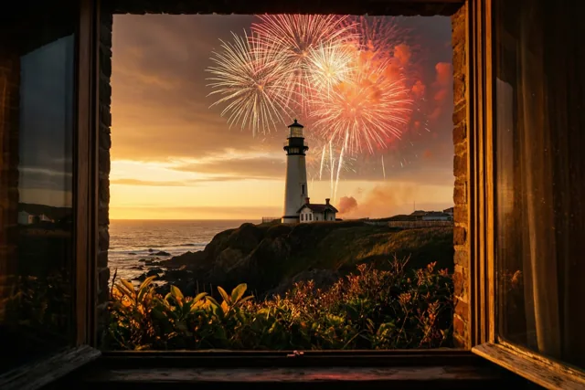Door een houten raam is een vuurtoren op een met gras begroeide klif aan zee te zien, met rood en wit vuurwerk bij een goudoranje zonsondergang.