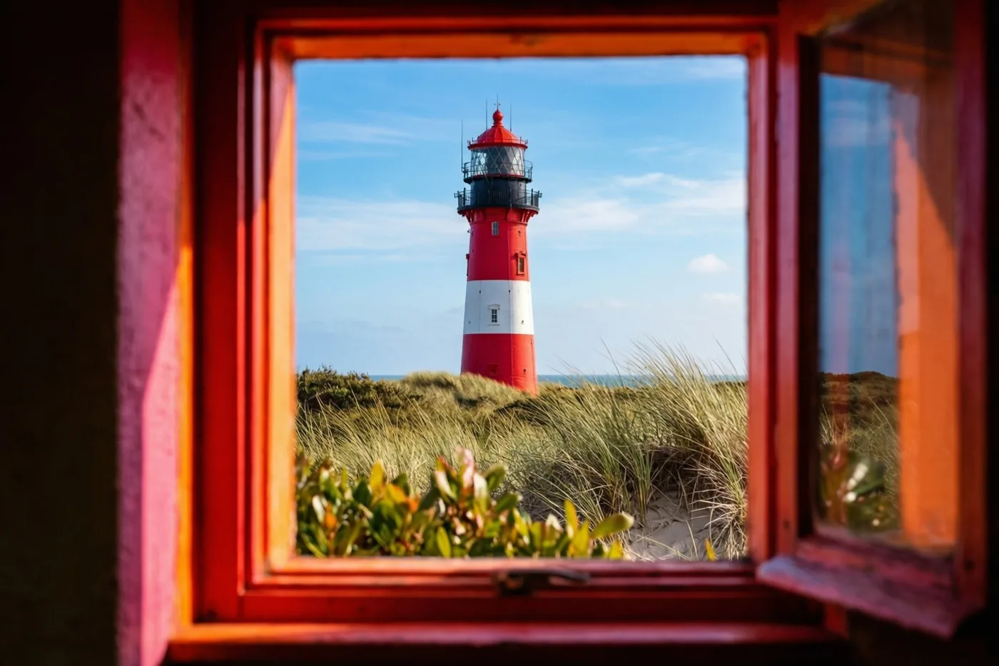 Door een open rood houten raam is een rood-witte vuurtoren achter groene duinen te zien, met een helderblauwe hemel en zonlicht op de bladeren vooraan.