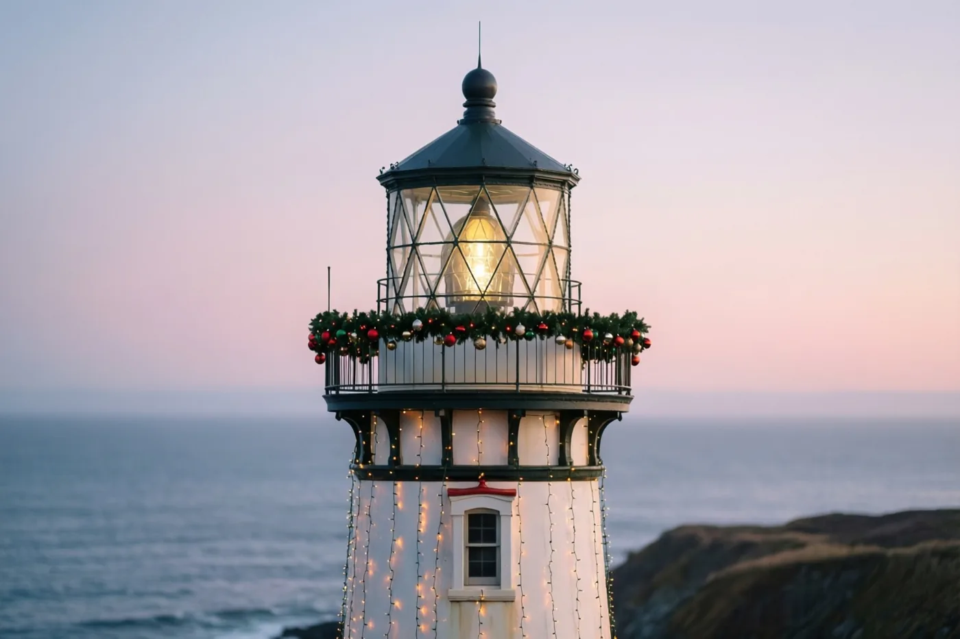 Een vuurtoren op een klif aan zee is versierd met een groene slinger en rode ornamenten en licht warm op onder een roze-blauwe schemerlucht boven kalm water.