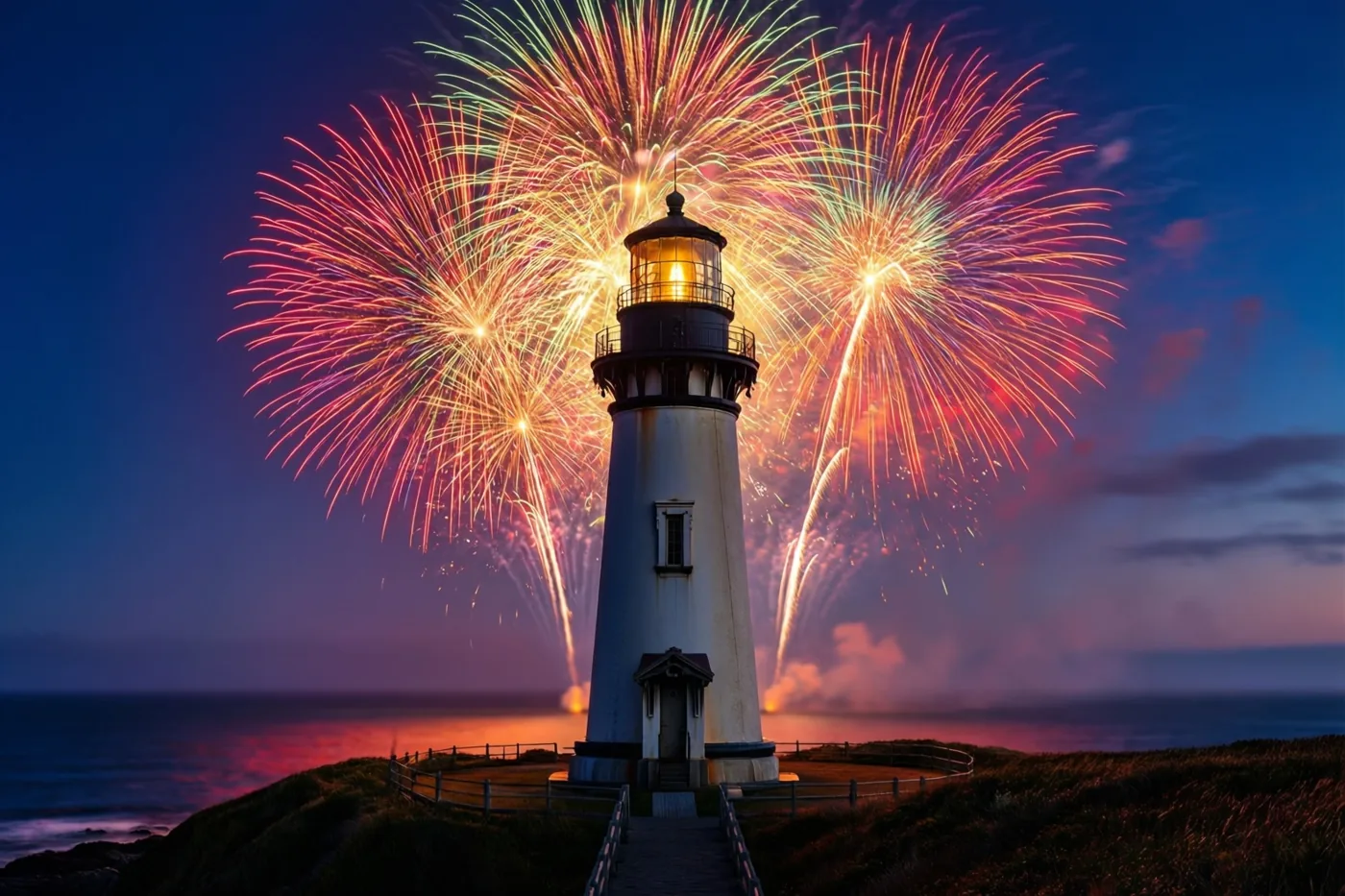 Een witte vuurtoren op een met gras begroeide kustklif gloeit in de schemering, met rood, oranje en groen vuurwerk en kleurrijke weerspiegelingen op zee.