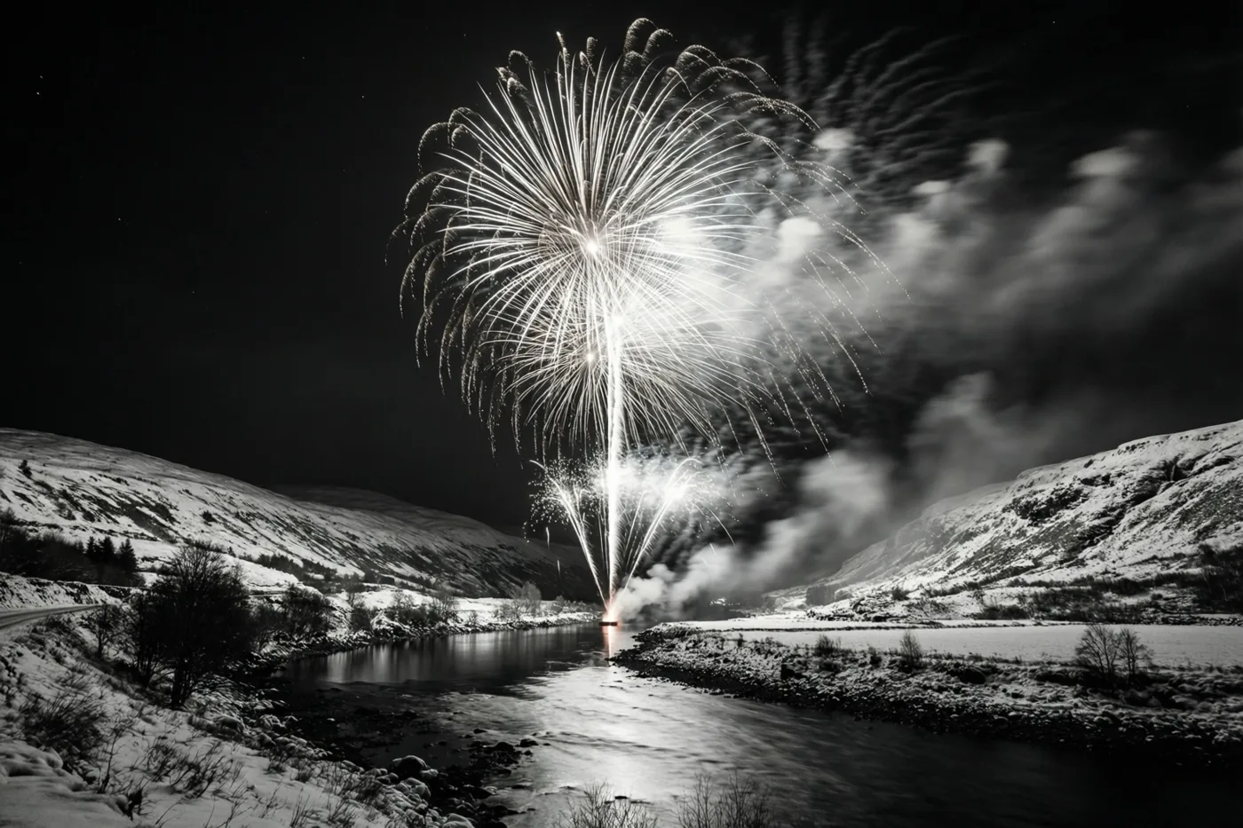 Op deze zwart-witfoto barst vuurwerk los boven een rivier die 's nachts door besneeuwde heuvels kronkelt.