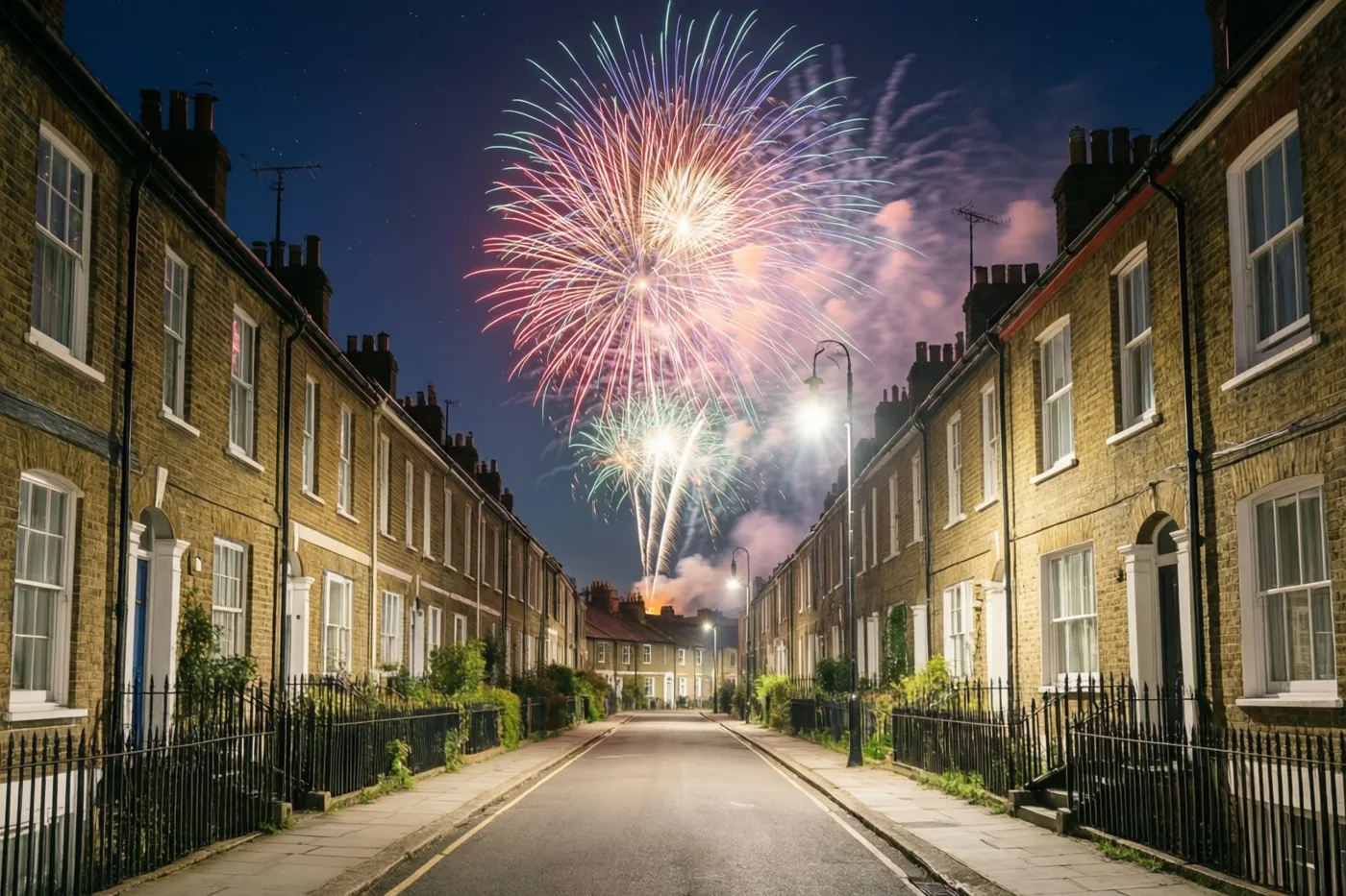 Vuurwerk barst los boven de daken van een straat met rijhuizen, verlicht door straatlampen onder een donkere hemel.