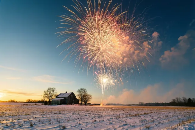 Een grote vuurwerkuitbarsting verlicht de schemerlucht boven een besneeuwd veld, met een afgelegen boerderij in de verte.