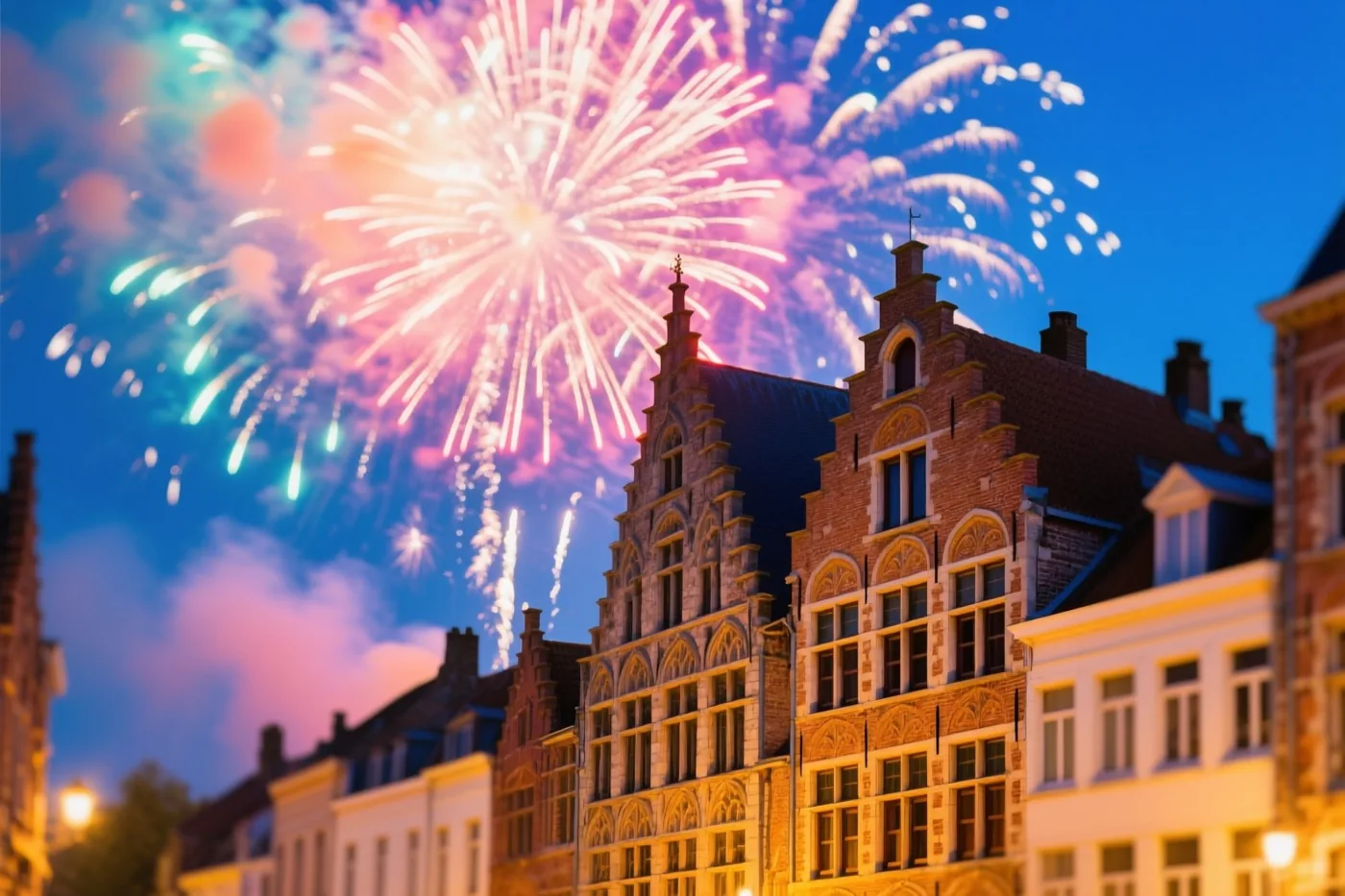 Roze, wit en blauwgroen vuurwerk verlicht de historische gebouwen aan de Graslei in Gent onder een schemerhemel met warme straatverlichting.