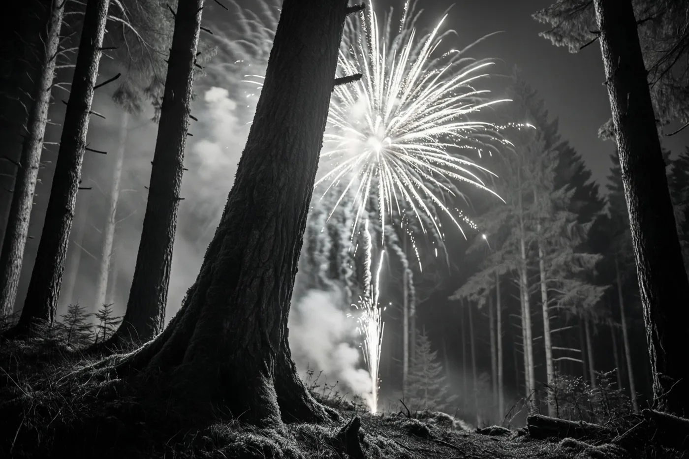 Op een zwart-witfoto licht vuurwerk de nachtelijke hemel boven een mistige bosrand op, met hoge bomen aan weerszijden.