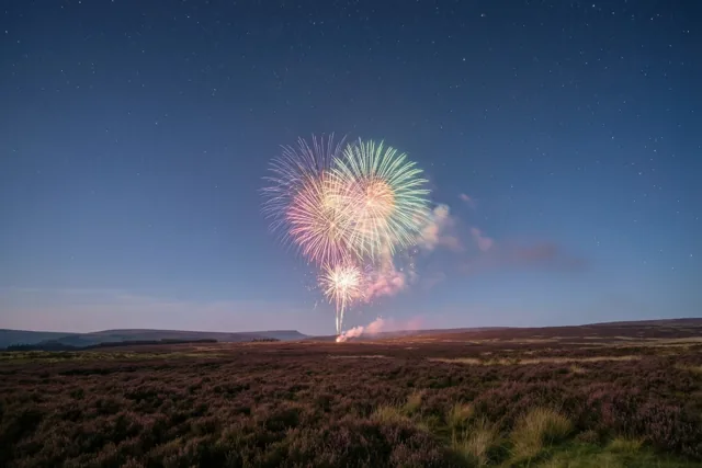 Boven een uitgestrekte paarse heide barst kleurrijk vuurwerk los aan de horizon onder een diepblauwe sterrenhemel.