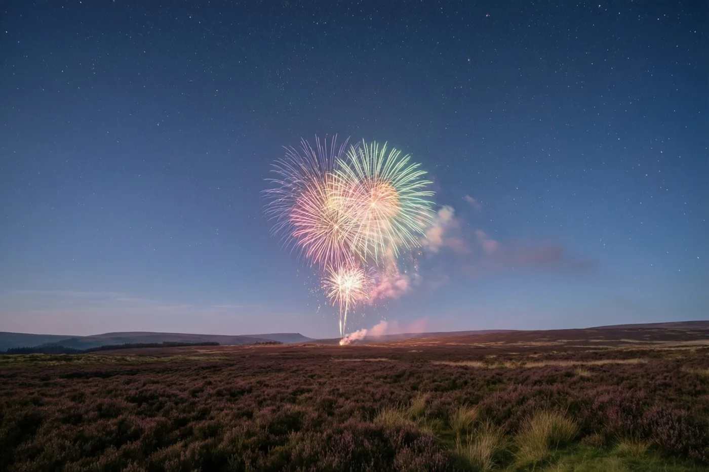 Boven een uitgestrekte paarse heide barst kleurrijk vuurwerk los aan de horizon onder een diepblauwe sterrenhemel.